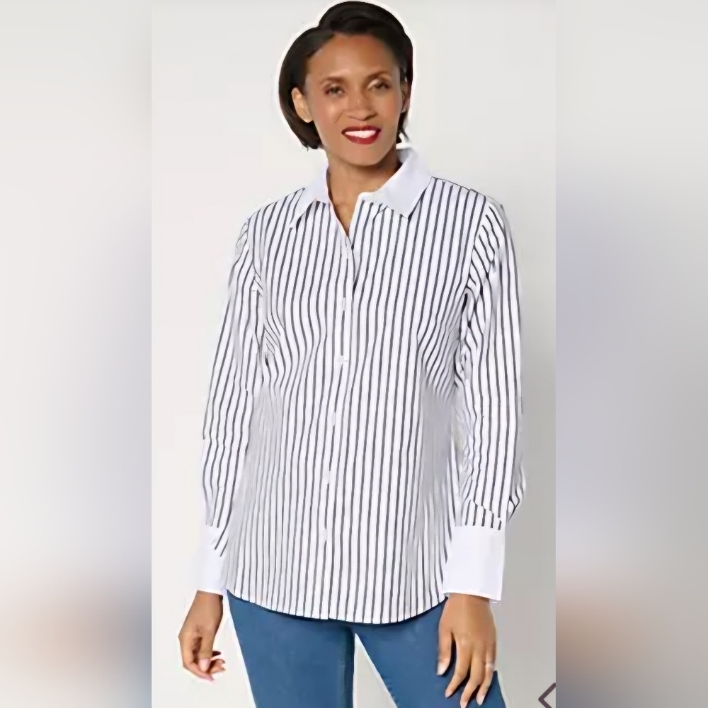 Joan Rivers Button-Up Blouse Dark Gray White SZ L